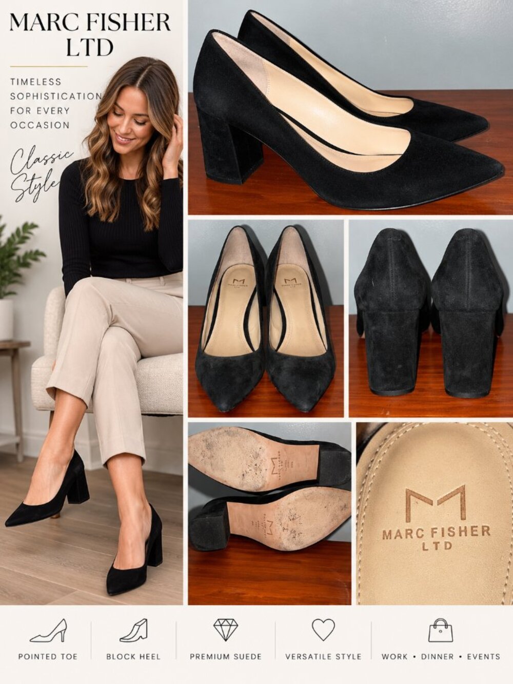 Marc Fisher LTD Black Suede Pointed Toe Block Heel Pumps Women’s 8M